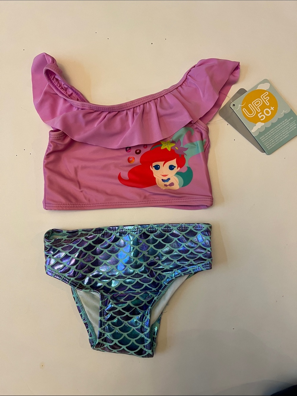 Disney Baby Ariel Mermaid Swimsuit Set with Iridescent Blue-Green Scale Bottoms